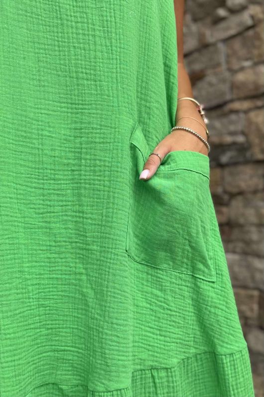Made in Italy Pia Pillow Cotton Patch Pocket Peplum Dress Lime /13 